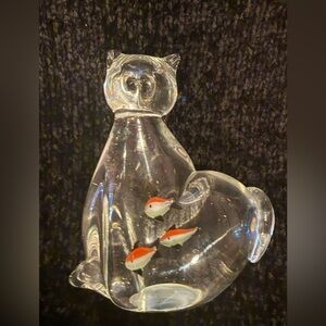 Vintage glass Cat Figurine with Orange Fish Accents